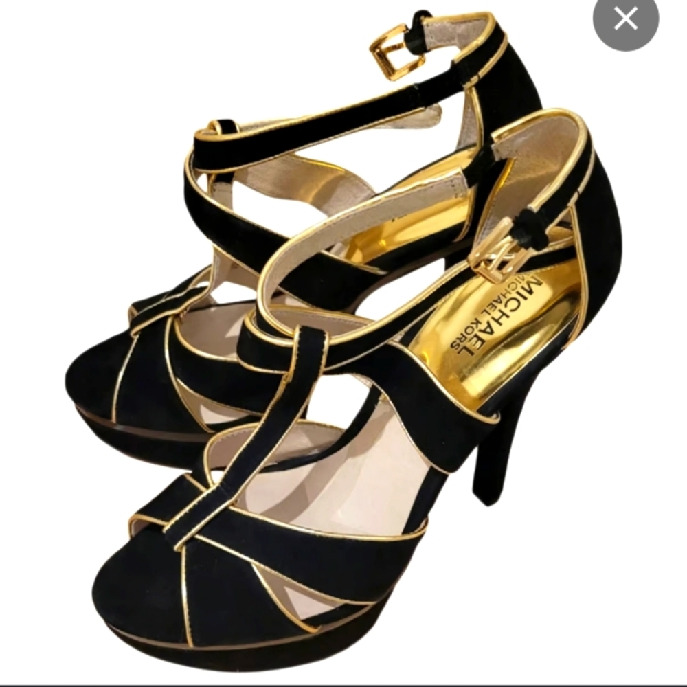 Michael kors platform black suede with gold trim shoes size 6 and 1/2 medium